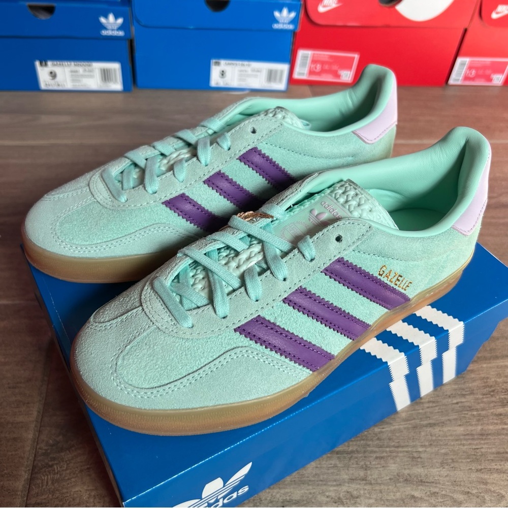 adidas Gazelle Women’s Sneakers in Mint Green and Purple with Gum Sole